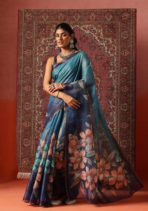 Blue Printed Silk Saree Set