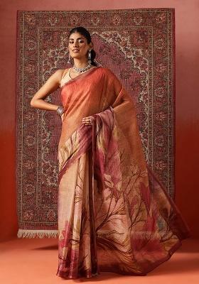 Beige Printed Silk Saree Set