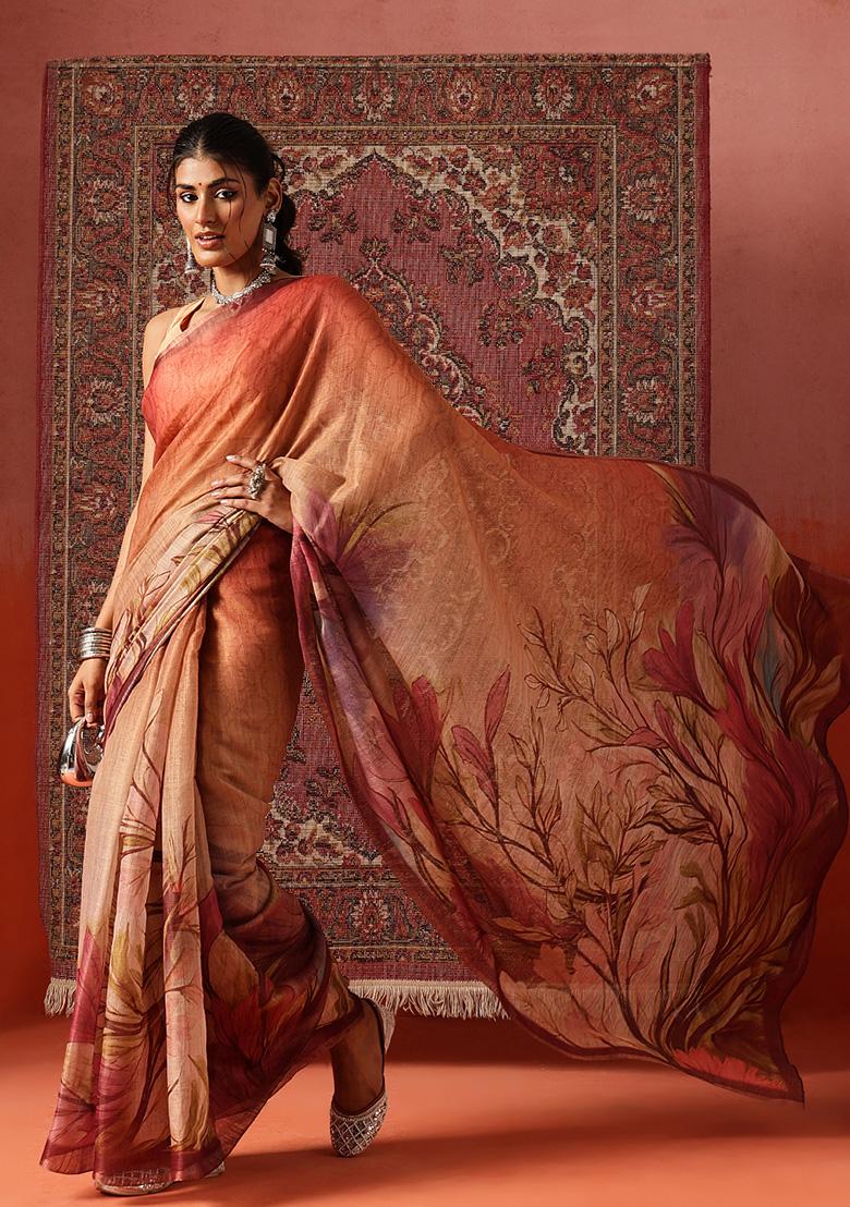 Beige Printed Silk Saree Set - Indya