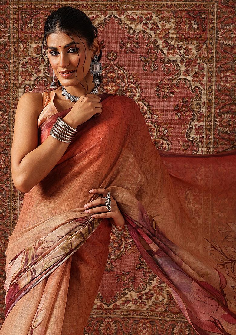 Beige Printed Silk Saree Set - Indya