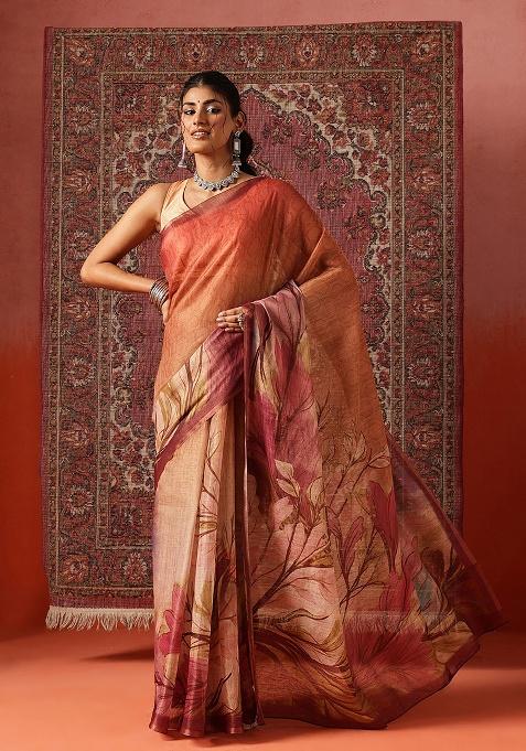 Beige Printed Silk Saree Set
