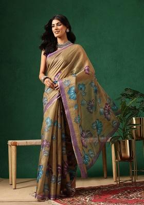 Olive Printed Silk Saree Set