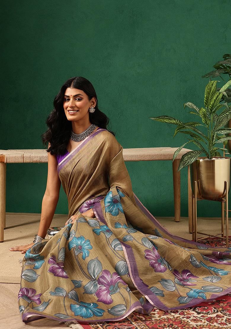 Olive Printed Silk Saree Set - Indya