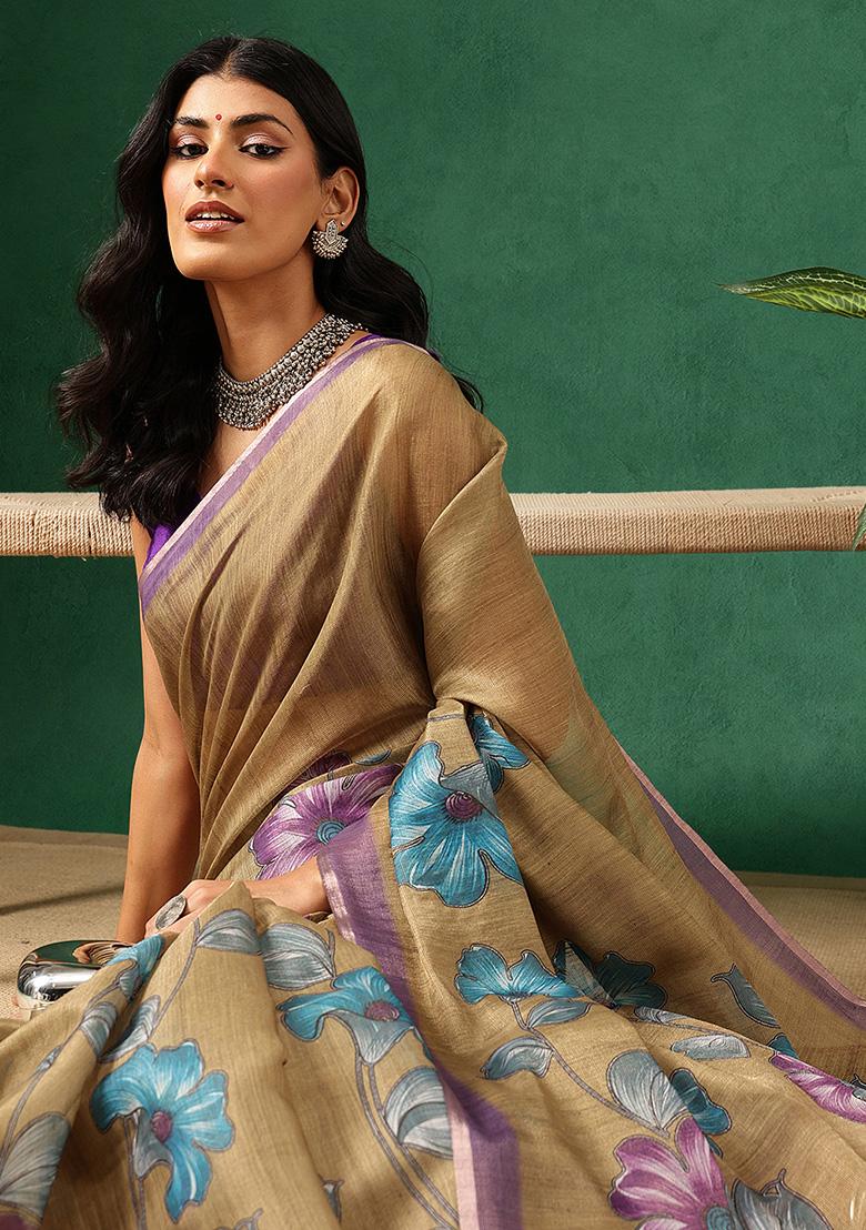 Olive Printed Silk Saree Set - Indya