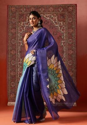 Yellow Printed Silk Saree Set