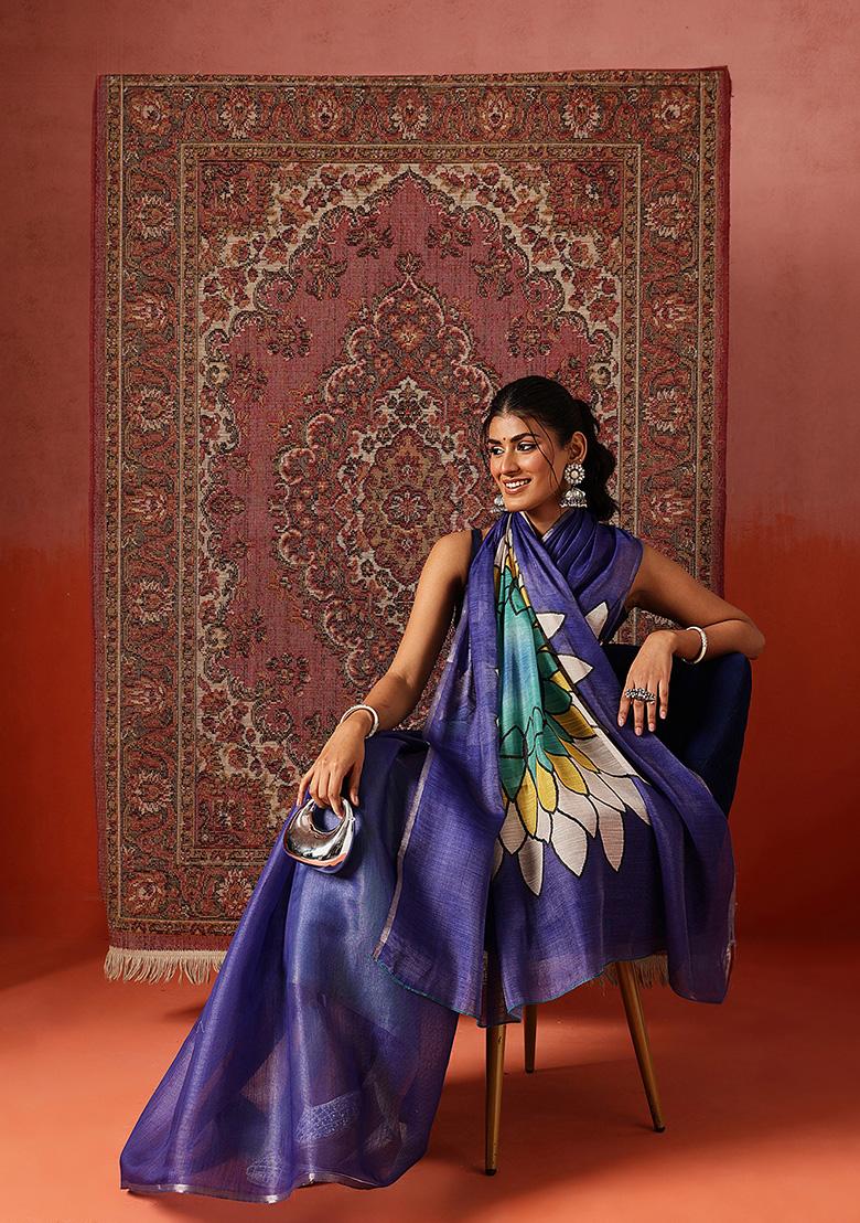 Yellow Printed Silk Saree Set - Indya