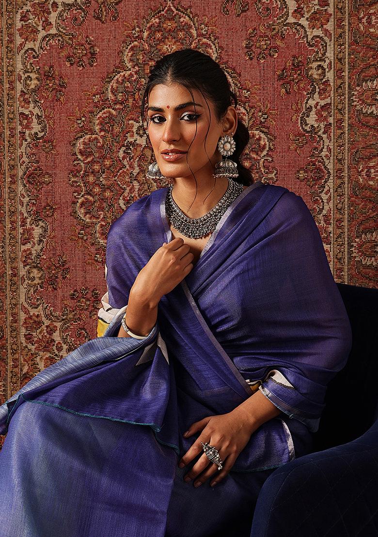 Yellow Printed Silk Saree Set - Indya