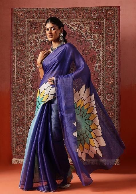 Yellow Printed Silk Saree Set