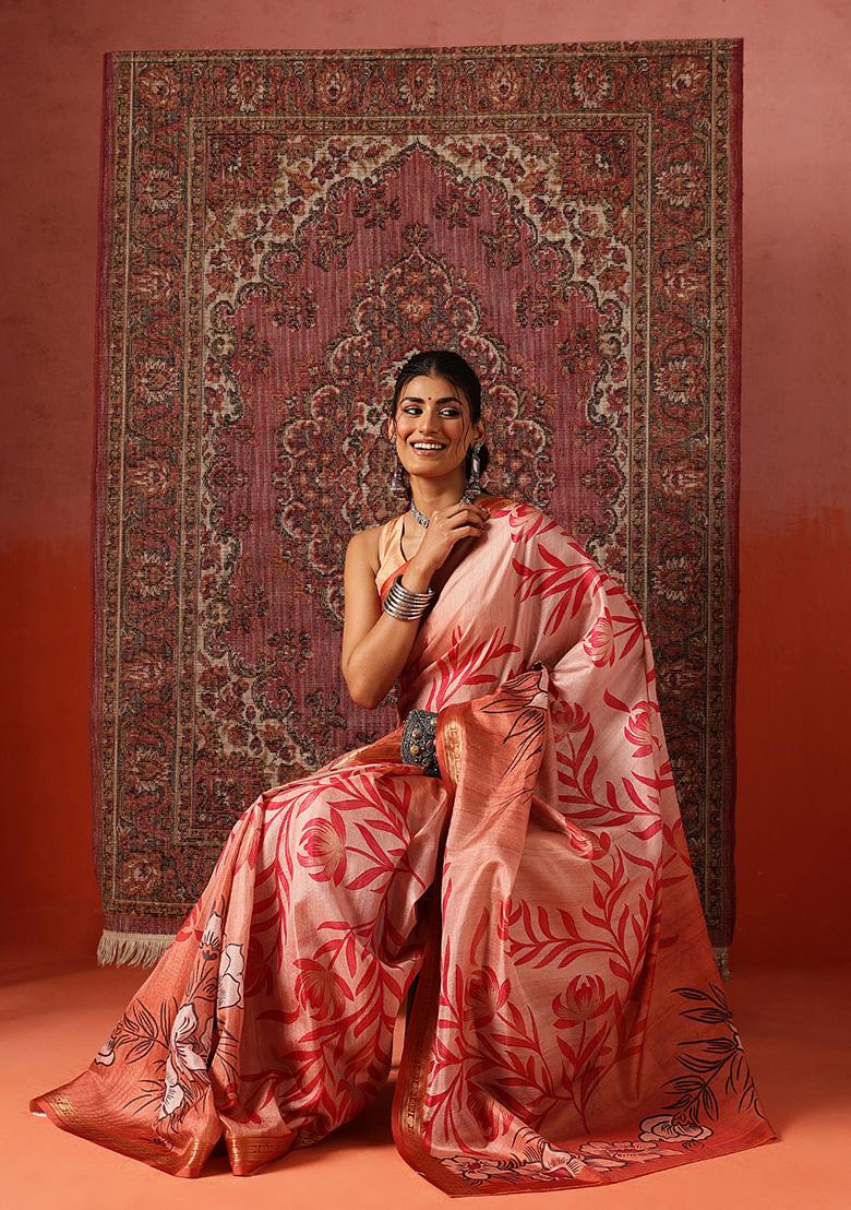 Orange Printed Silk Saree Set - Indya
