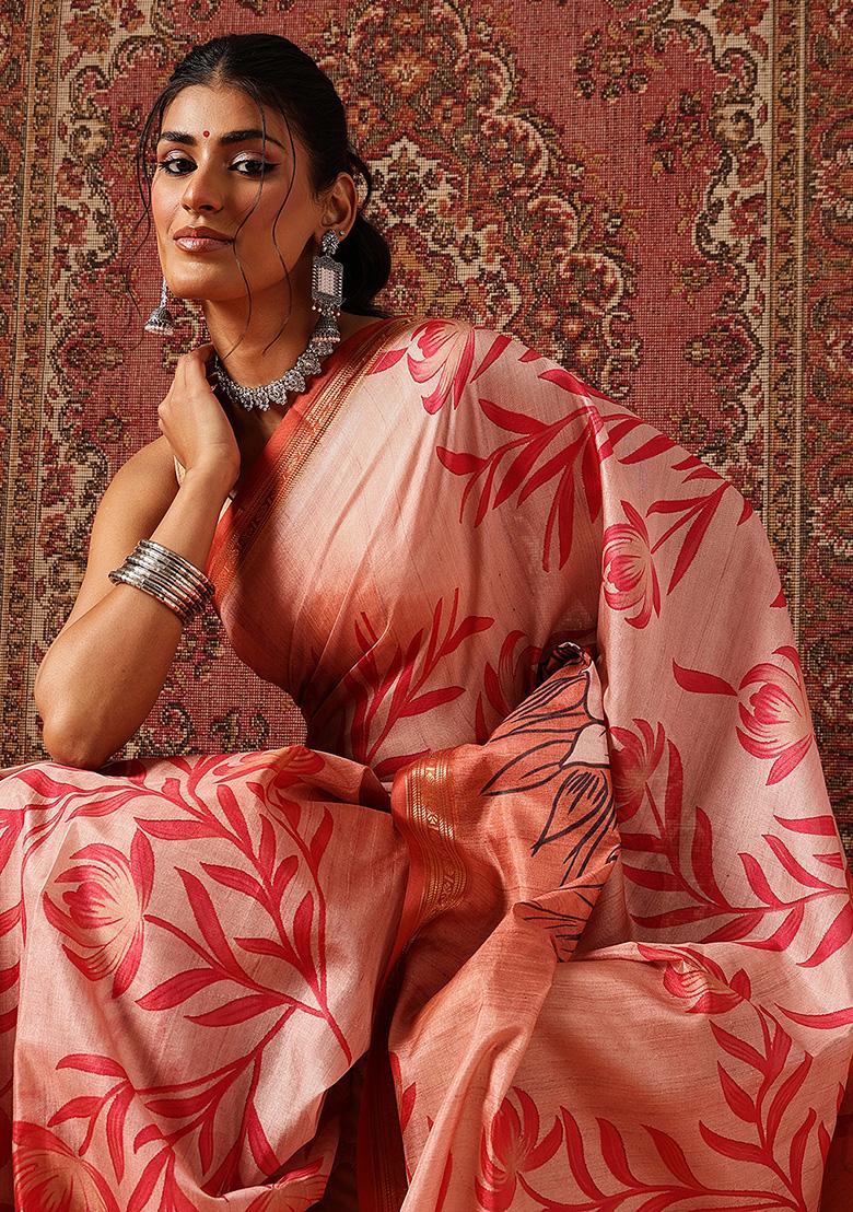 Orange Printed Silk Saree Set - Indya
