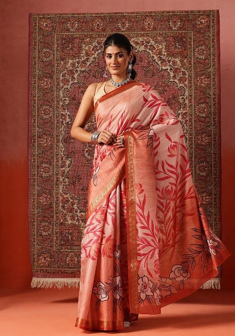 Orange Printed Silk Saree Set