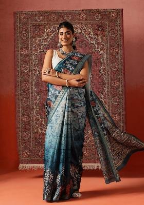 Teal Printed Silk Saree Set