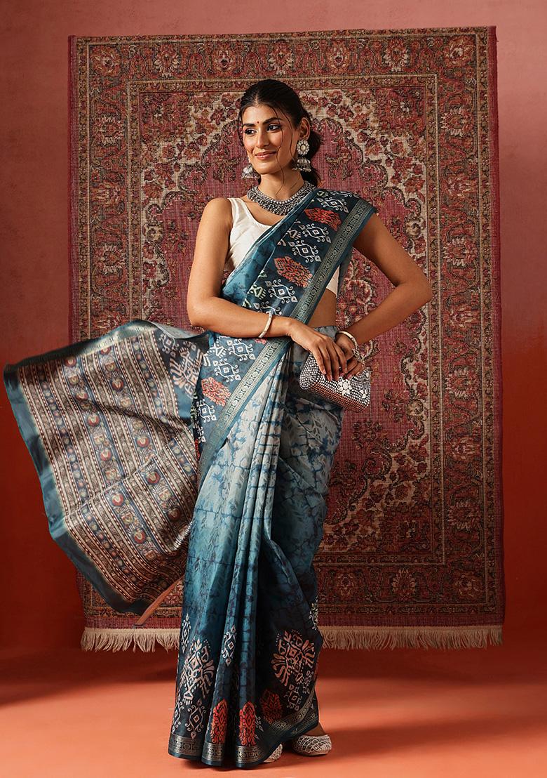 Teal Printed Silk Saree Set - Indya