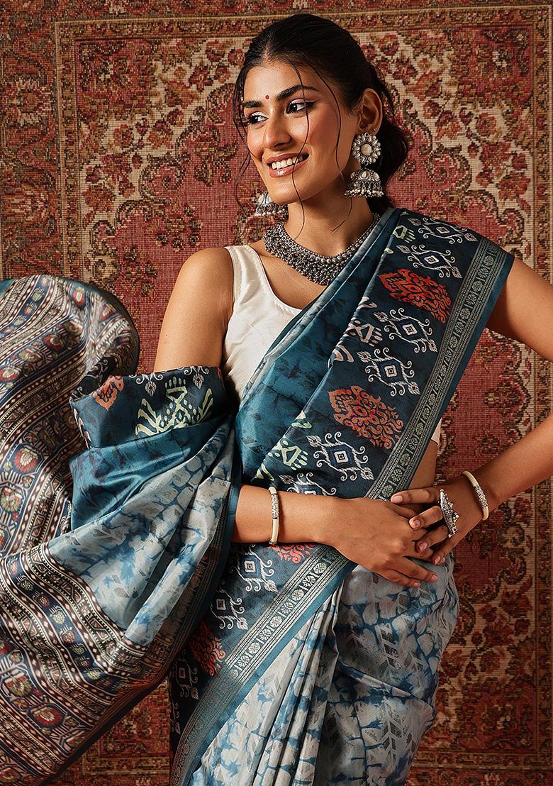 Teal Printed Silk Saree Set - Indya