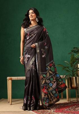 Black Printed Silk Saree Set