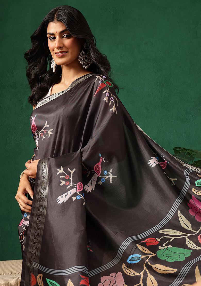 Black Printed Silk Saree Set - Indya