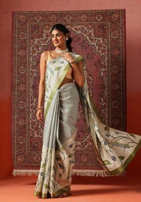 Olive Printed Silk Saree Set
