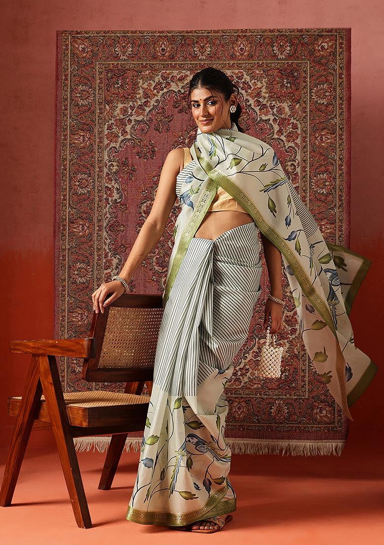Olive Printed Silk Saree Set - Indya