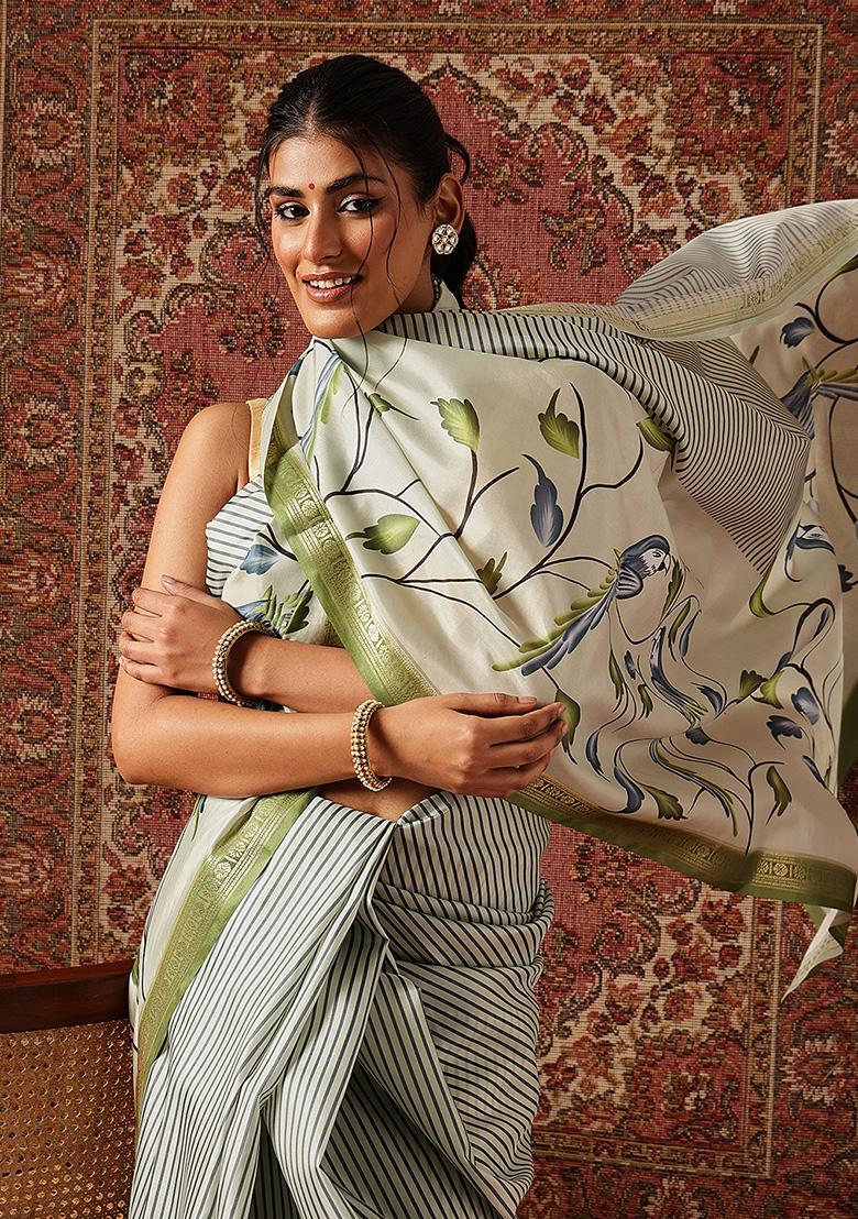 Olive Printed Silk Saree Set - Indya