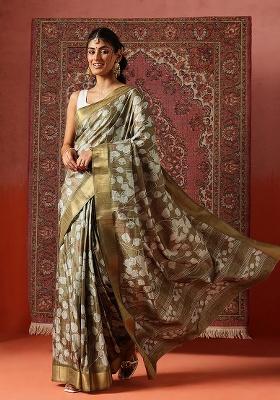Olive Printed Silk Saree Set