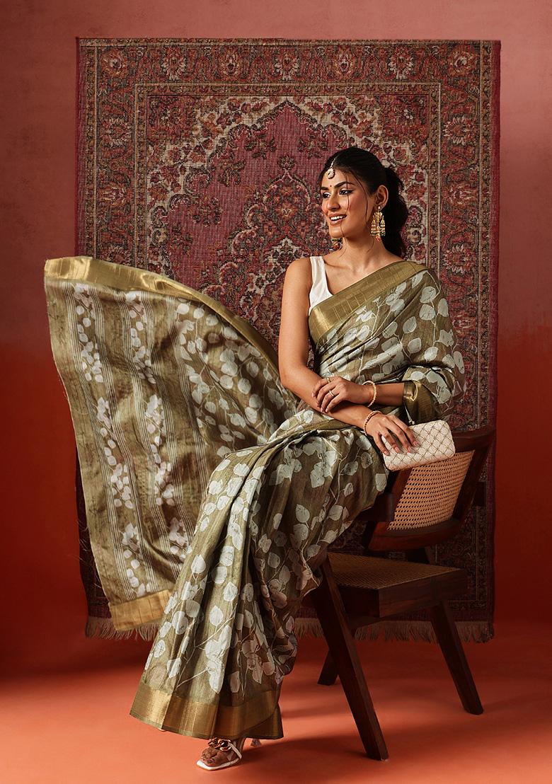 Olive Printed Silk Saree Set - Indya
