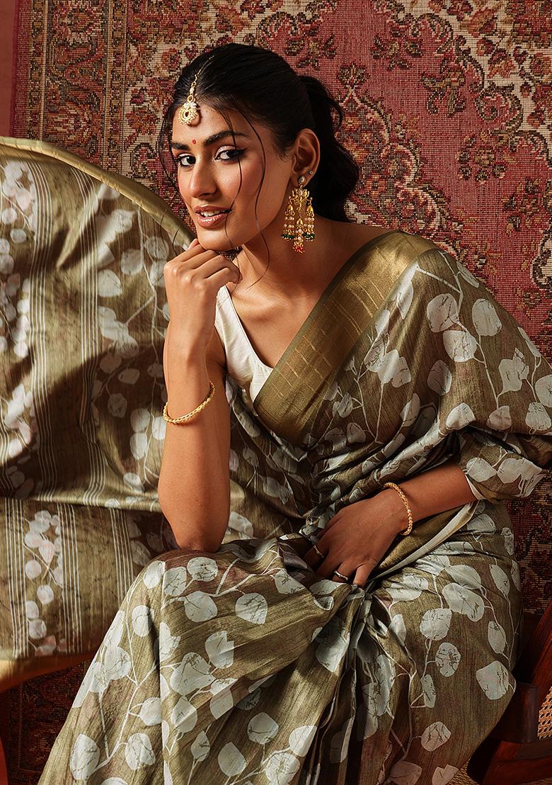 Olive Printed Silk Saree Set - Indya