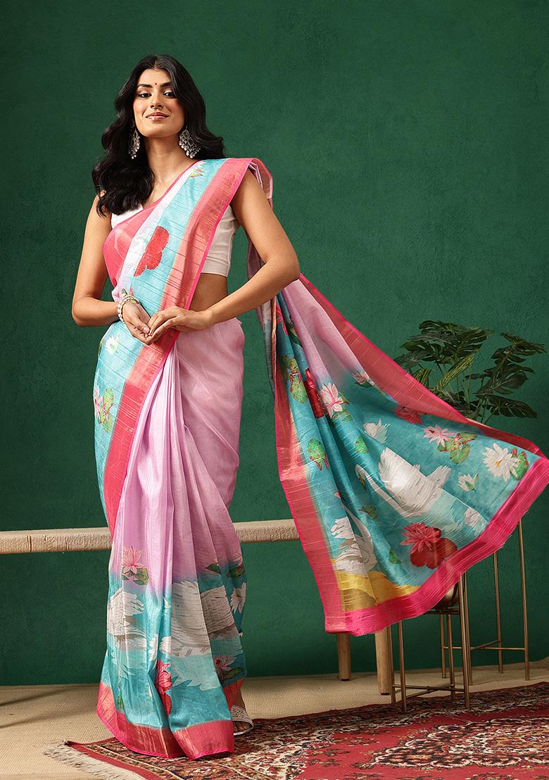 Pink Printed Silk Saree Set - Indya