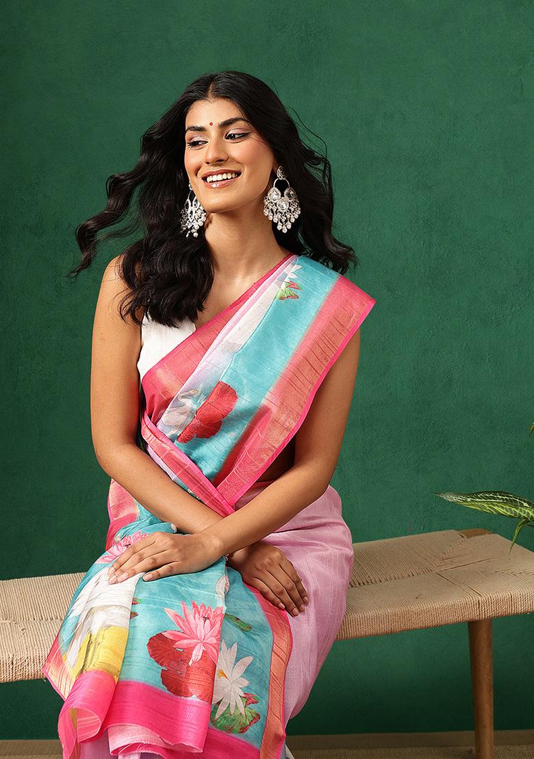 Pink Printed Silk Saree Set - Indya