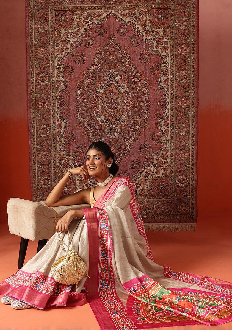 Pink Printed Silk Saree Set - Indya