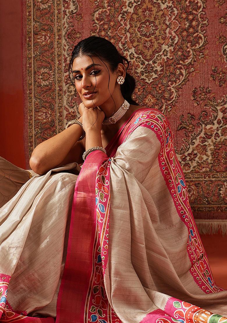 Pink Printed Silk Saree Set - Indya