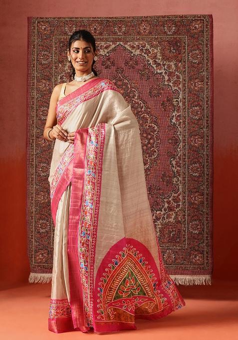 Pink Printed Silk Saree Set