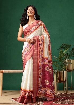 Red Printed Silk Saree Set