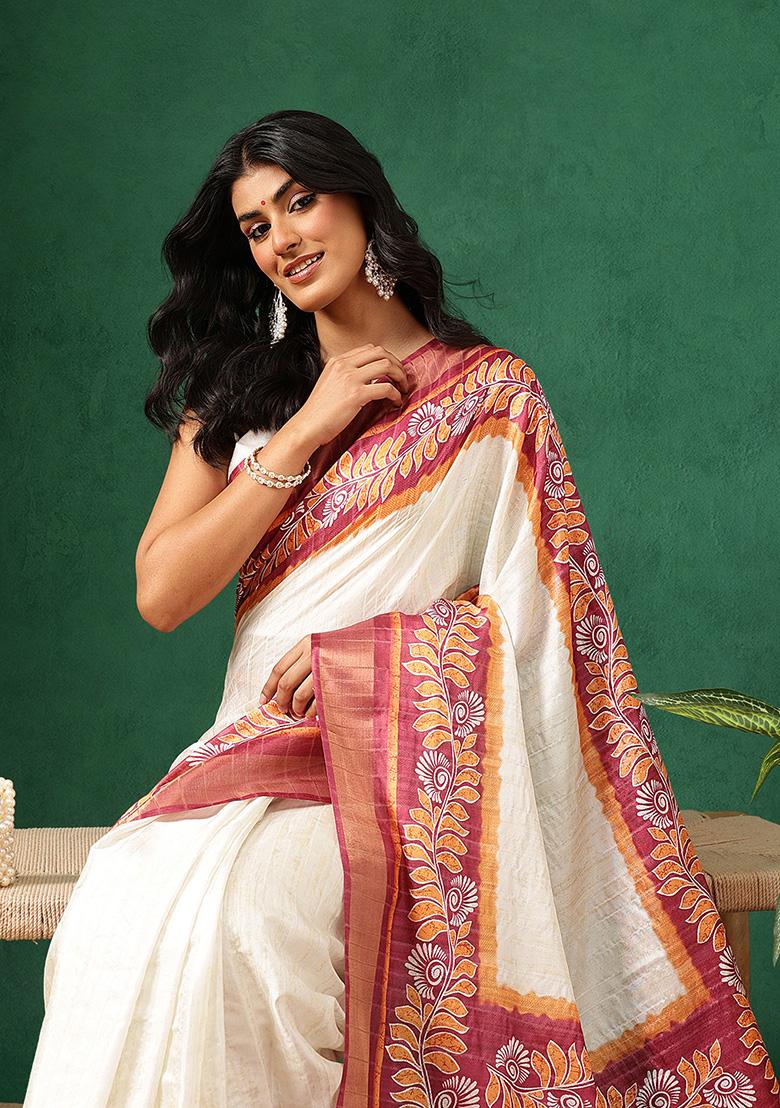 Red Printed Silk Saree Set - Indya