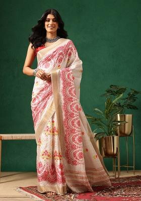 Red Printed Silk Saree Set