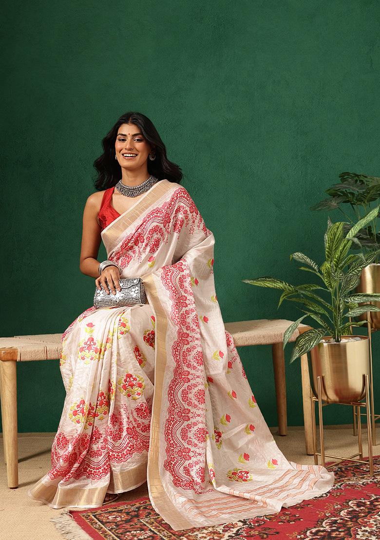 Red Printed Silk Saree Set - Indya