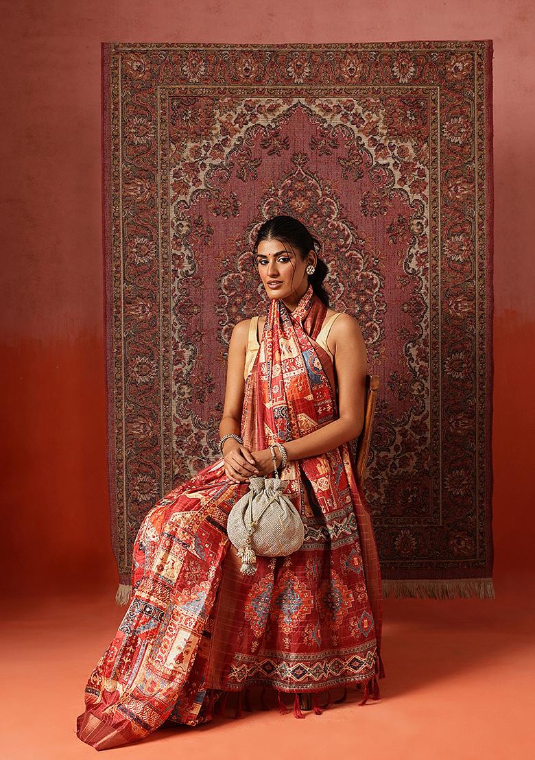 Maroon Printed Silk Saree Set - Indya