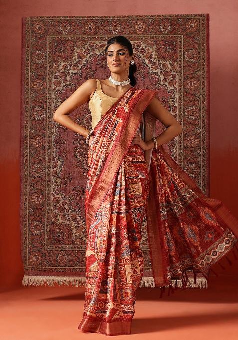 Maroon Printed Silk Saree Set