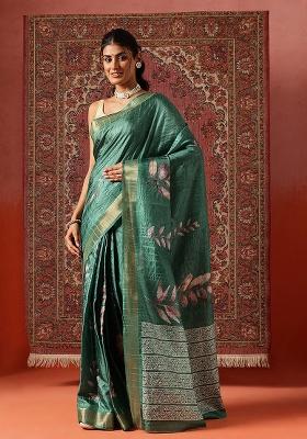 Green Printed Silk Saree Set