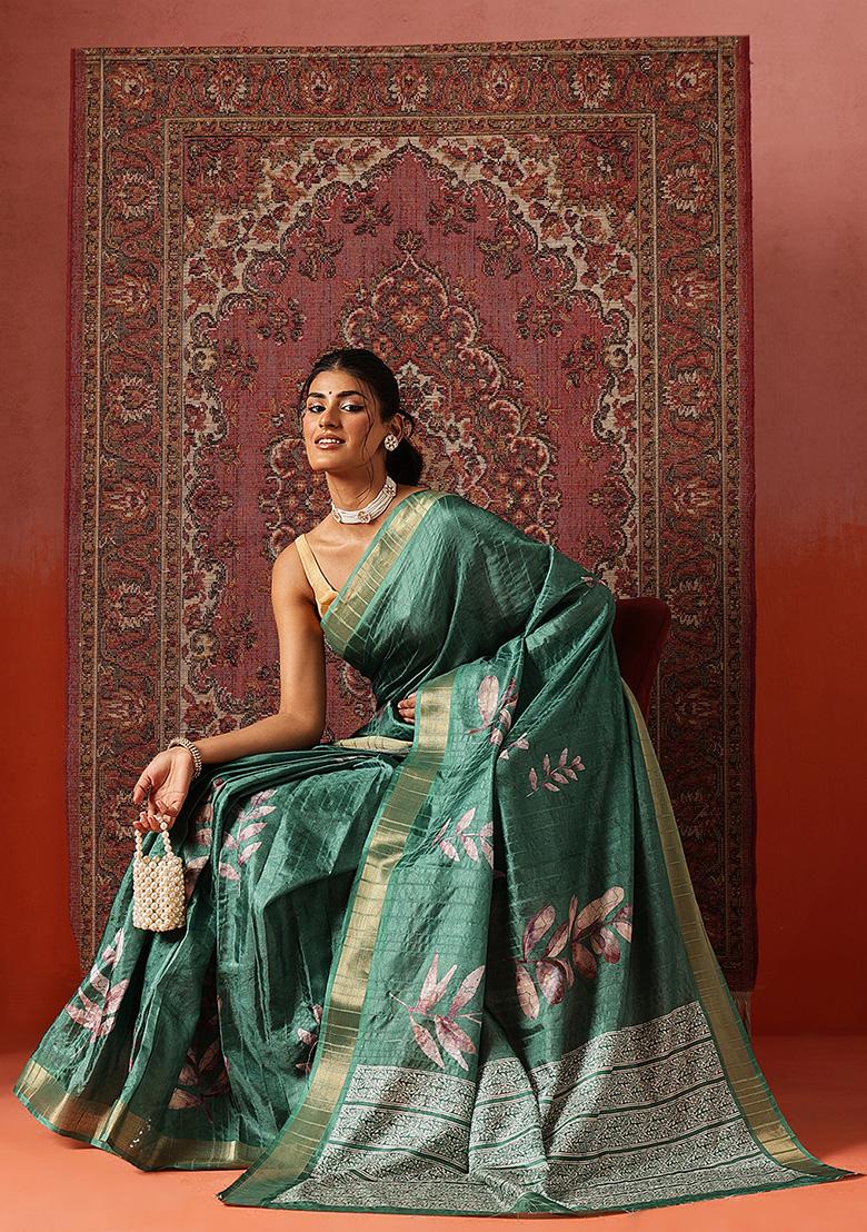 Green Printed Silk Saree Set - Indya