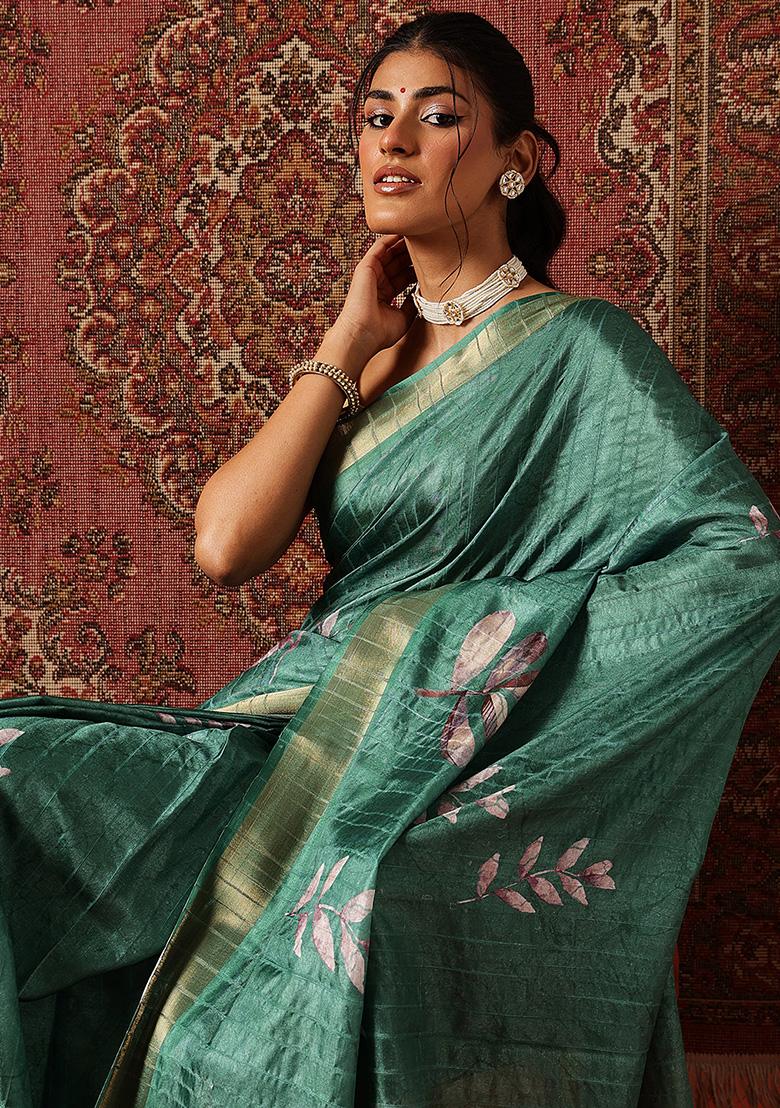 Green Printed Silk Saree Set - Indya