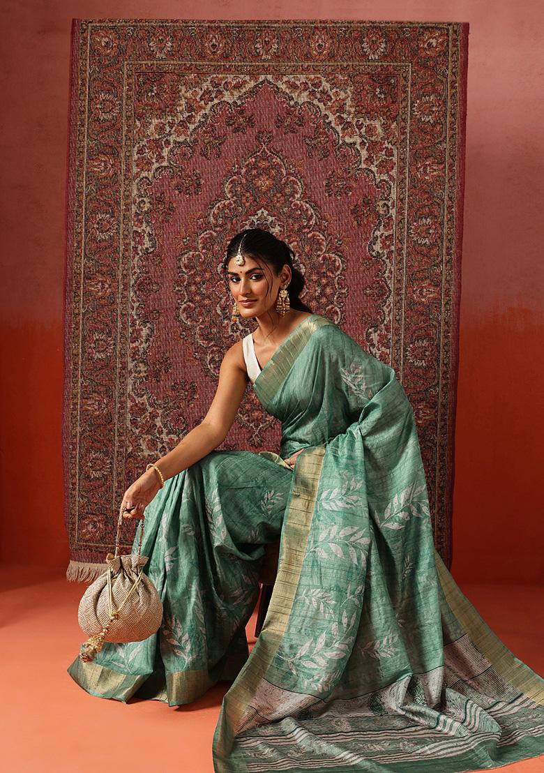 Green Printed Silk Saree Set - Indya