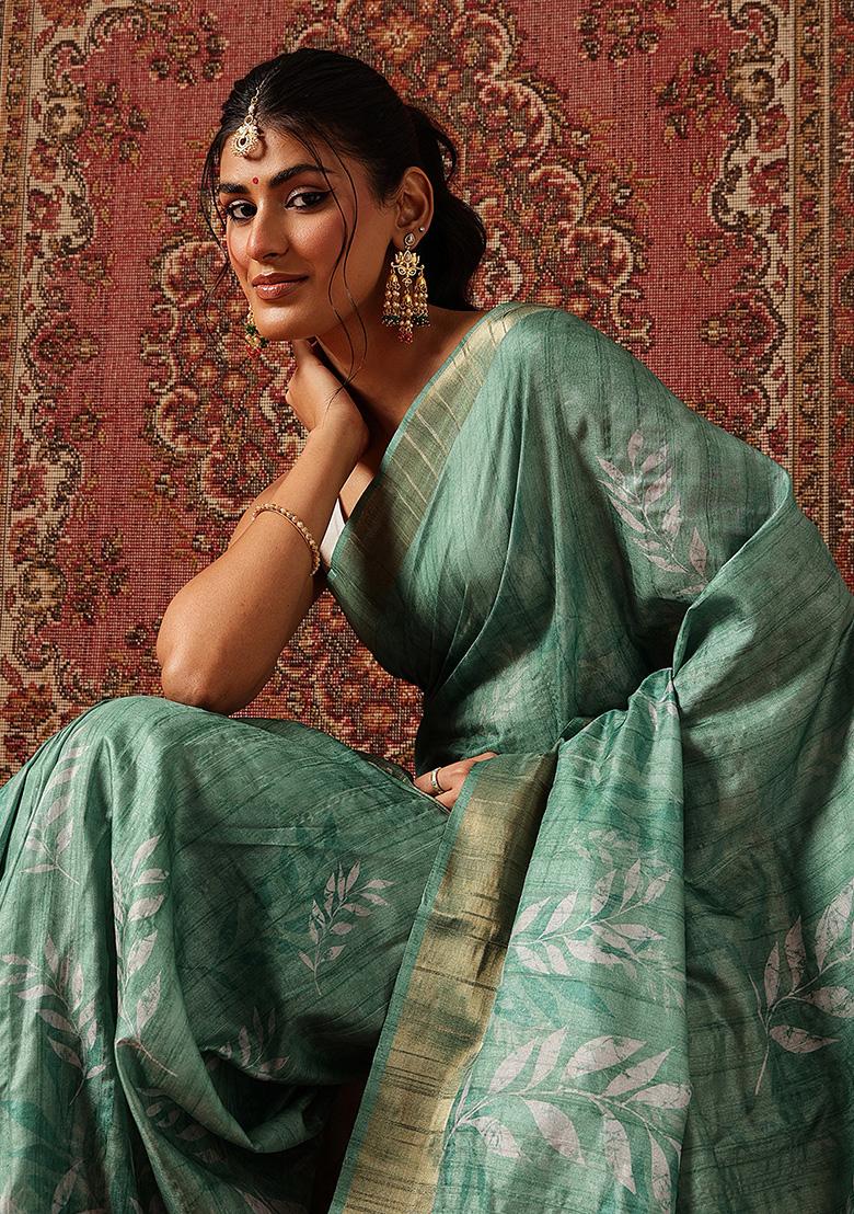 Green Printed Silk Saree Set - Indya