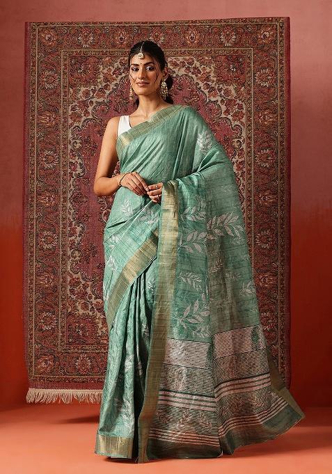 Green Printed Silk Saree Set
