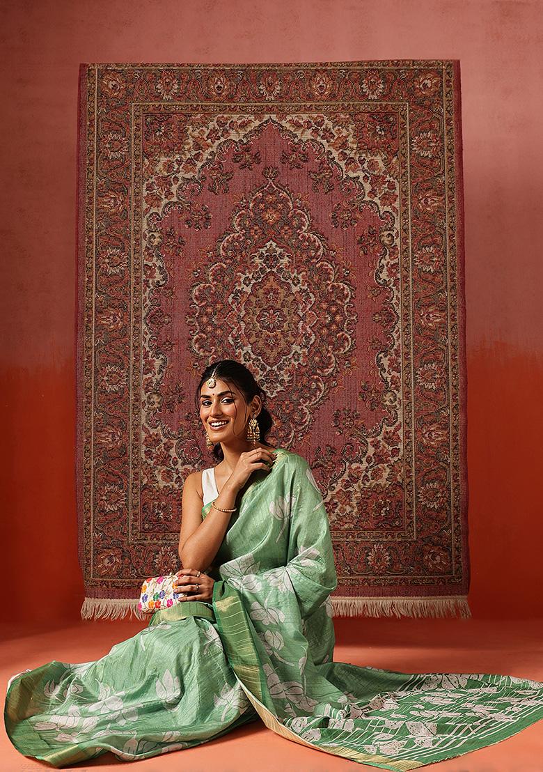 Green Printed Silk Saree Set - Indya