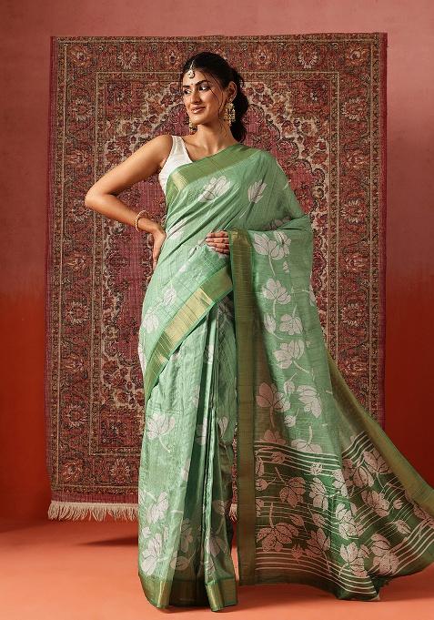 Green Printed Silk Saree Set