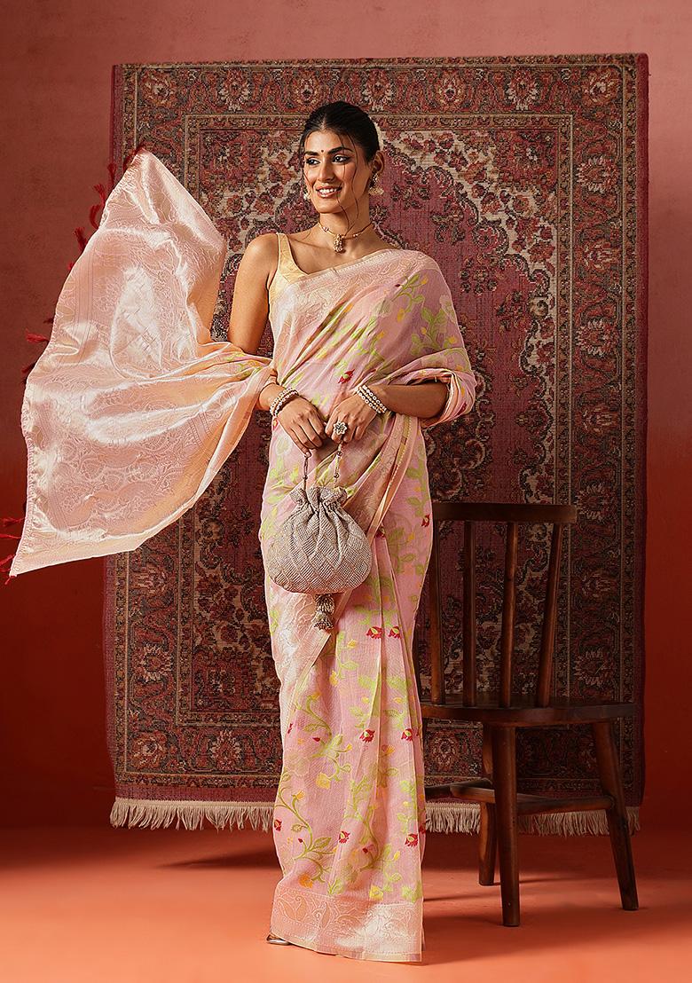 Pink Printed Cotton Saree Set - Indya