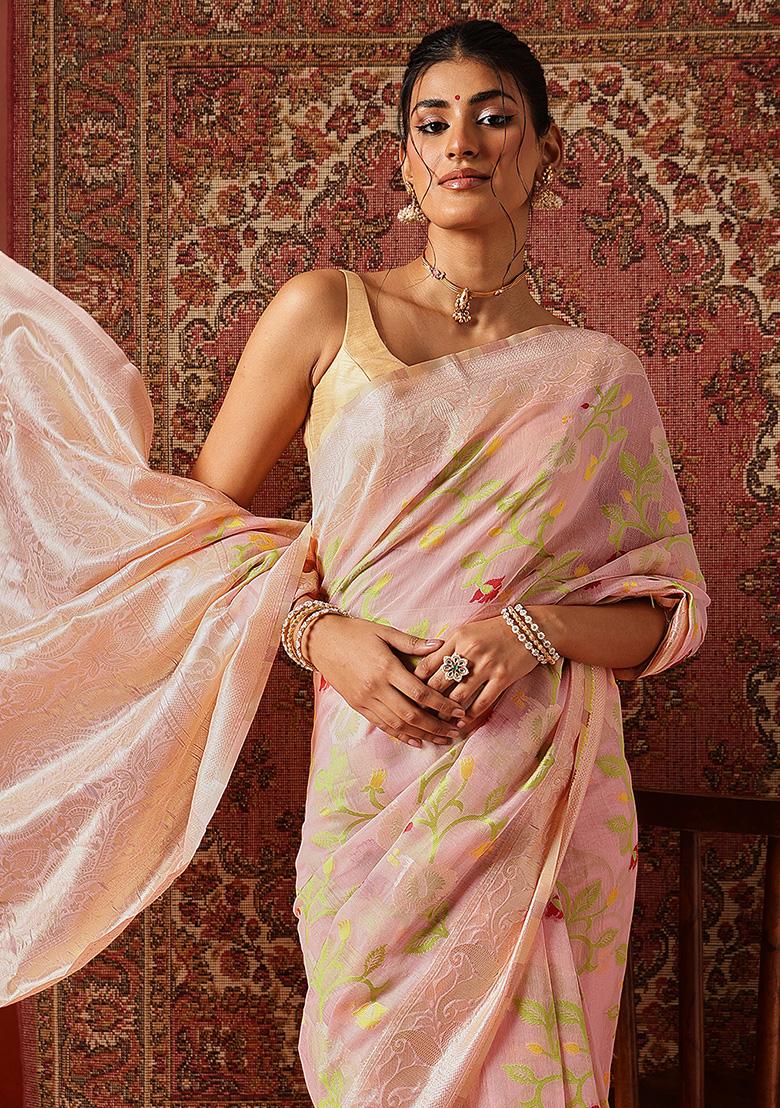 Pink Printed Cotton Saree Set - Indya