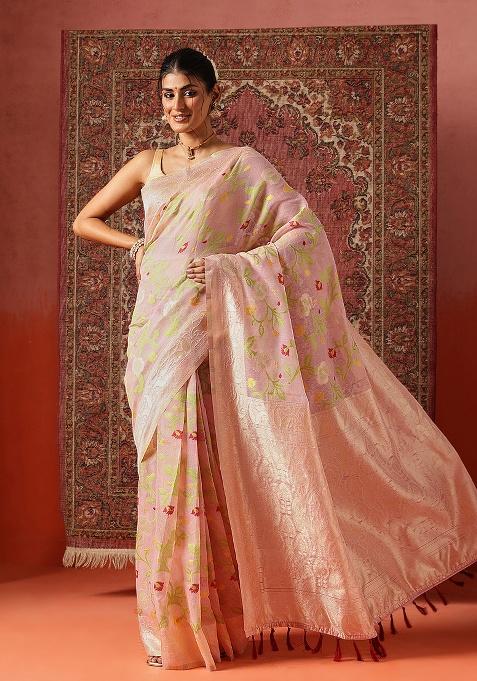 Pink Printed Cotton Saree Set