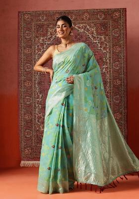 Teal Printed Cotton Saree Set