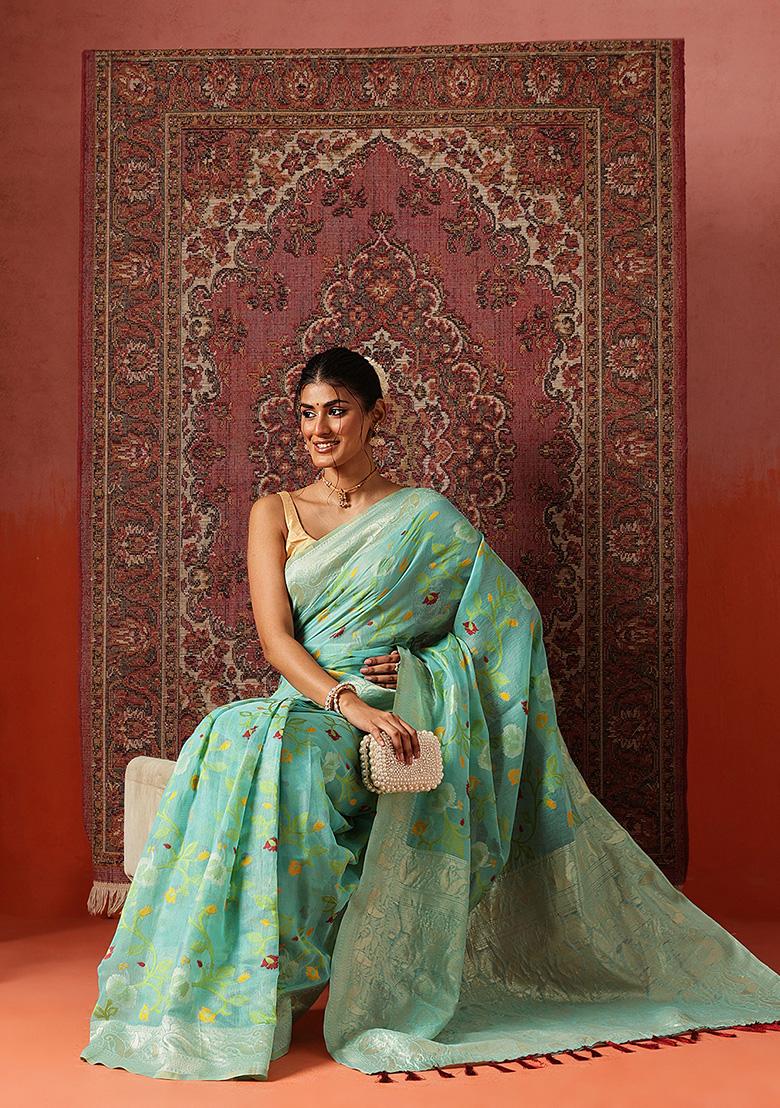 Teal Printed Cotton Saree Set - Indya